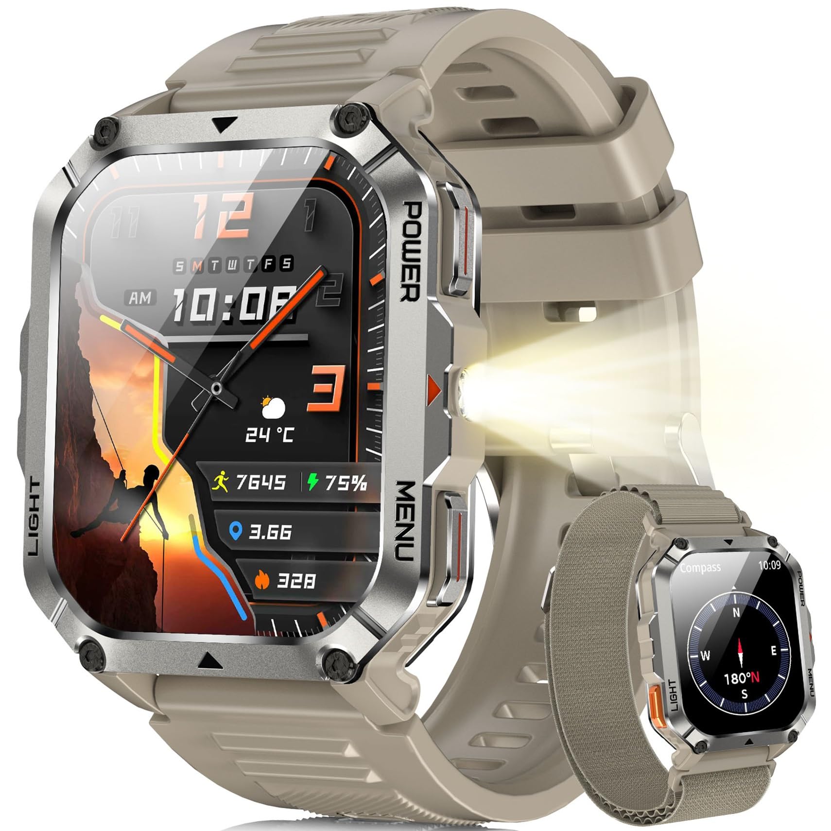 Blackview Reloj Inteligente Hombre Militar - Linterna y Brújula, 2.01"Smartwatch Hombre con 100+ Modos Deportivos, Llamadas Bluetooth/Notificación, Pulsómetro/Oxímetro/Sueño, Pulsera Actividad, Caqui
