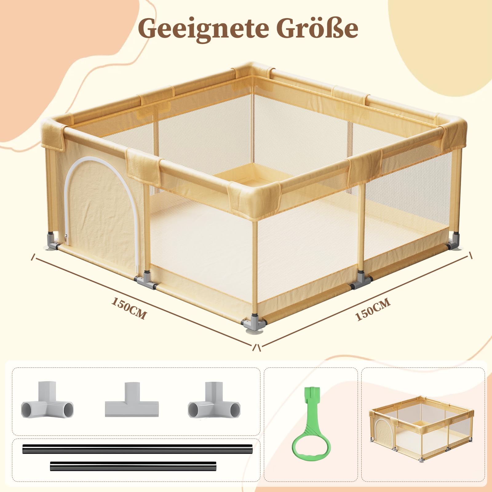 Koonmi Parc pliable pour bébé - 150 x 150 cm - Beige | Filet respirant avec tissu et ventouses, aire de jeu pliable pour bébés et tout-petits, intérieur et extérieur