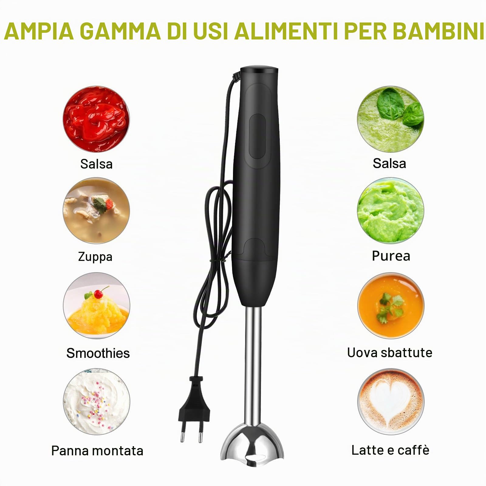 Frullatore a Immersione, 400 Watt in Acciaio Inox per Pappe, Frullati, Salse e Zuppe, Nero/Acciaio