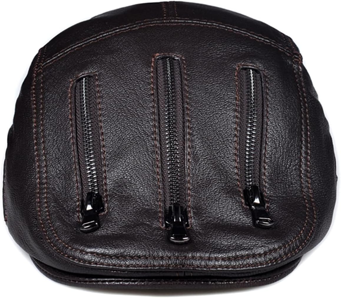 Man Real Leather Cap Hat Winter Genuine Leather Beret Golf Hats Fishing Hu-nting Caps - Flat Caps(Black,XL)