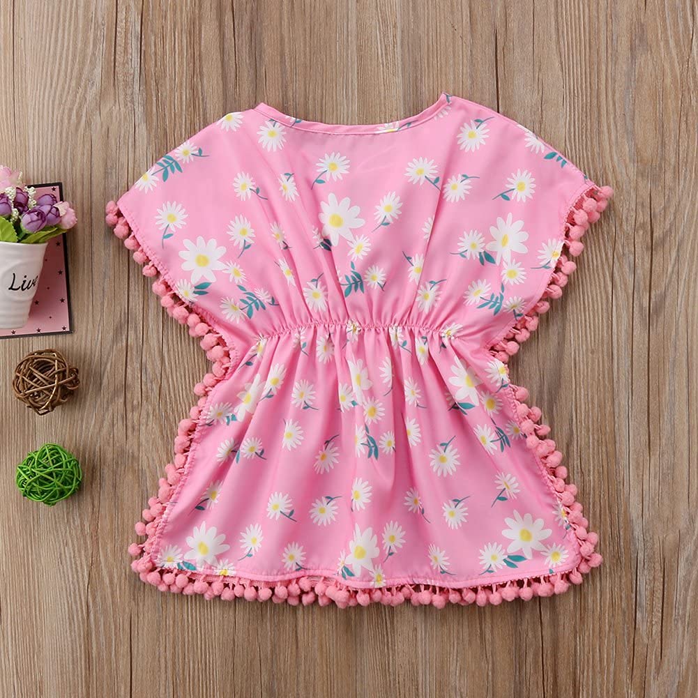 JLKGICF Cover-Up Swimsuit for Girls, Tassle Bathing Suit Beach Sundress, Summer Poncho Rash Guards for Toddler (Pink,3-4T)