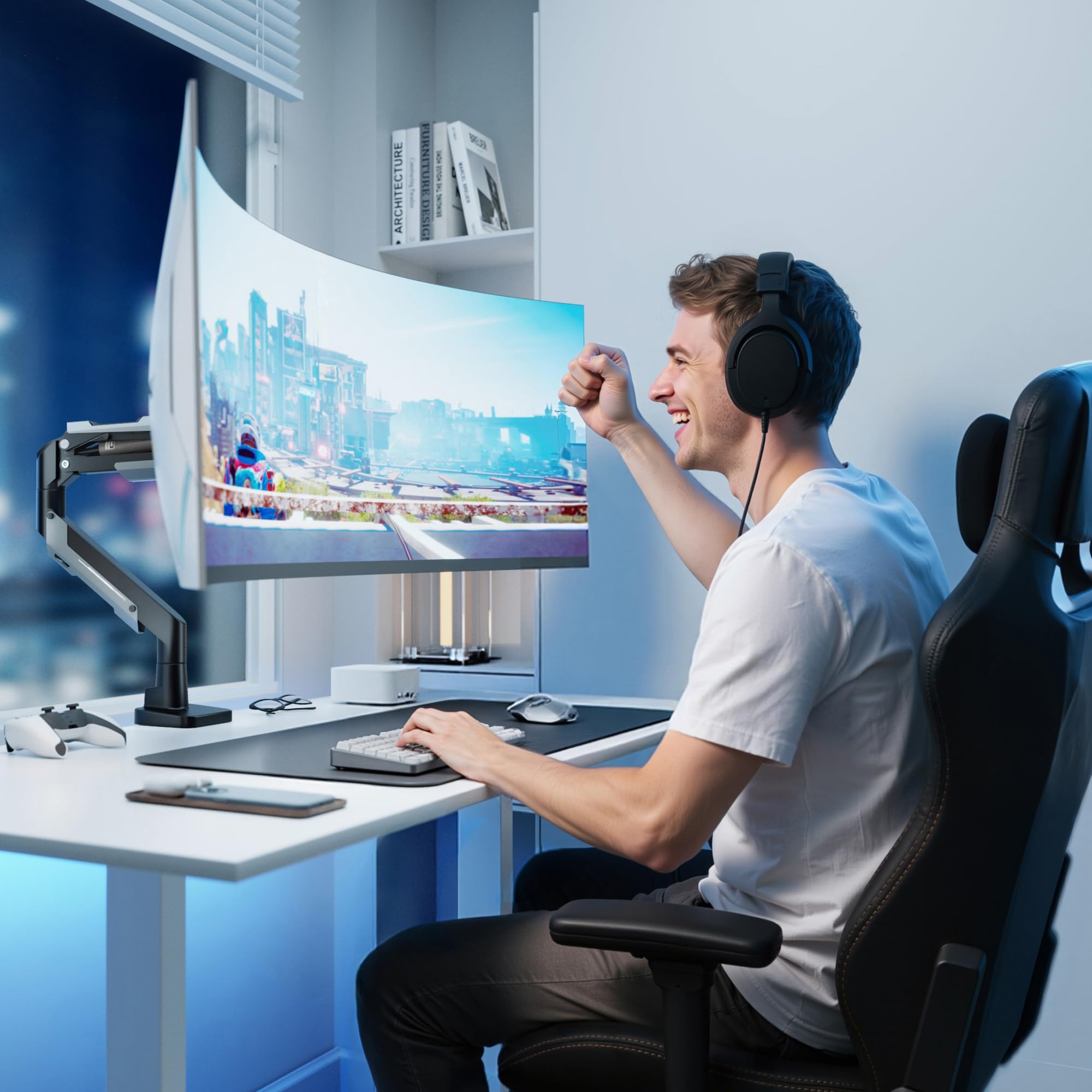 ARES WING Monitor Halterung für 24-57" Bildsch, Schwarz | Monitor Arm mit Gasfeder, Monitor tischhalterung bis 30 kg, VESA Max bis 200x200