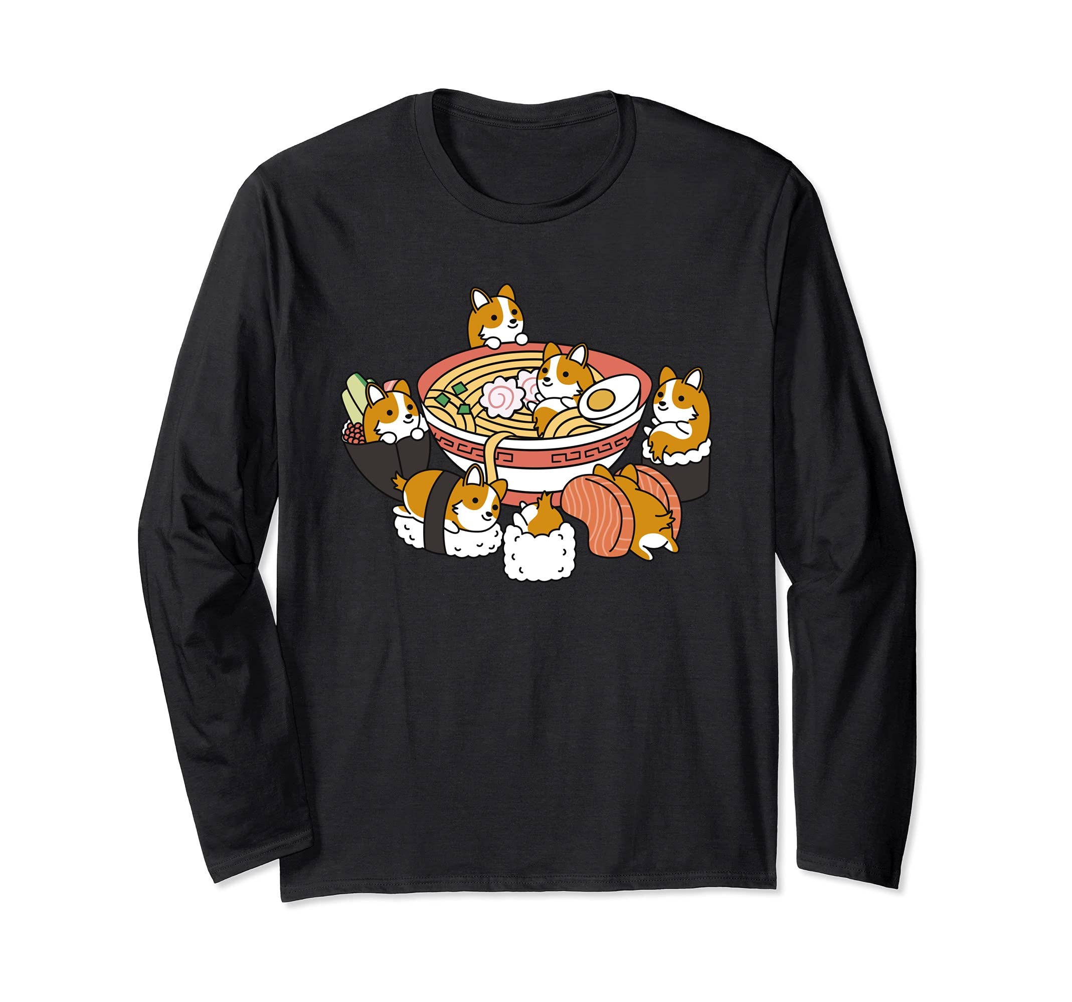Ramen Sushi Corgi Dog Long Sleeve T-Shirt, Black