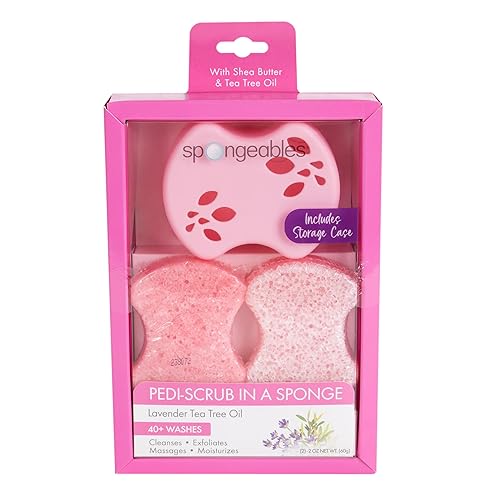 Spongeables Esponja exfoliante de pies con manteca de karité y aceite de árbol de té, aceite de árbol de té de lavanda, 2 unidades, incluye estuche