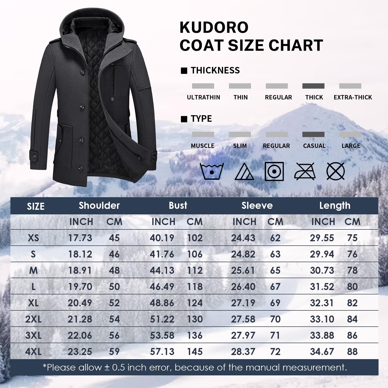 KUDORO Manteau Homme Mi-Long en Laine Chaud avec Capuche pour Hiver Trench Coat Classique Parka Pardessus Caban Slim Fit Coup-Vent Overcoat
