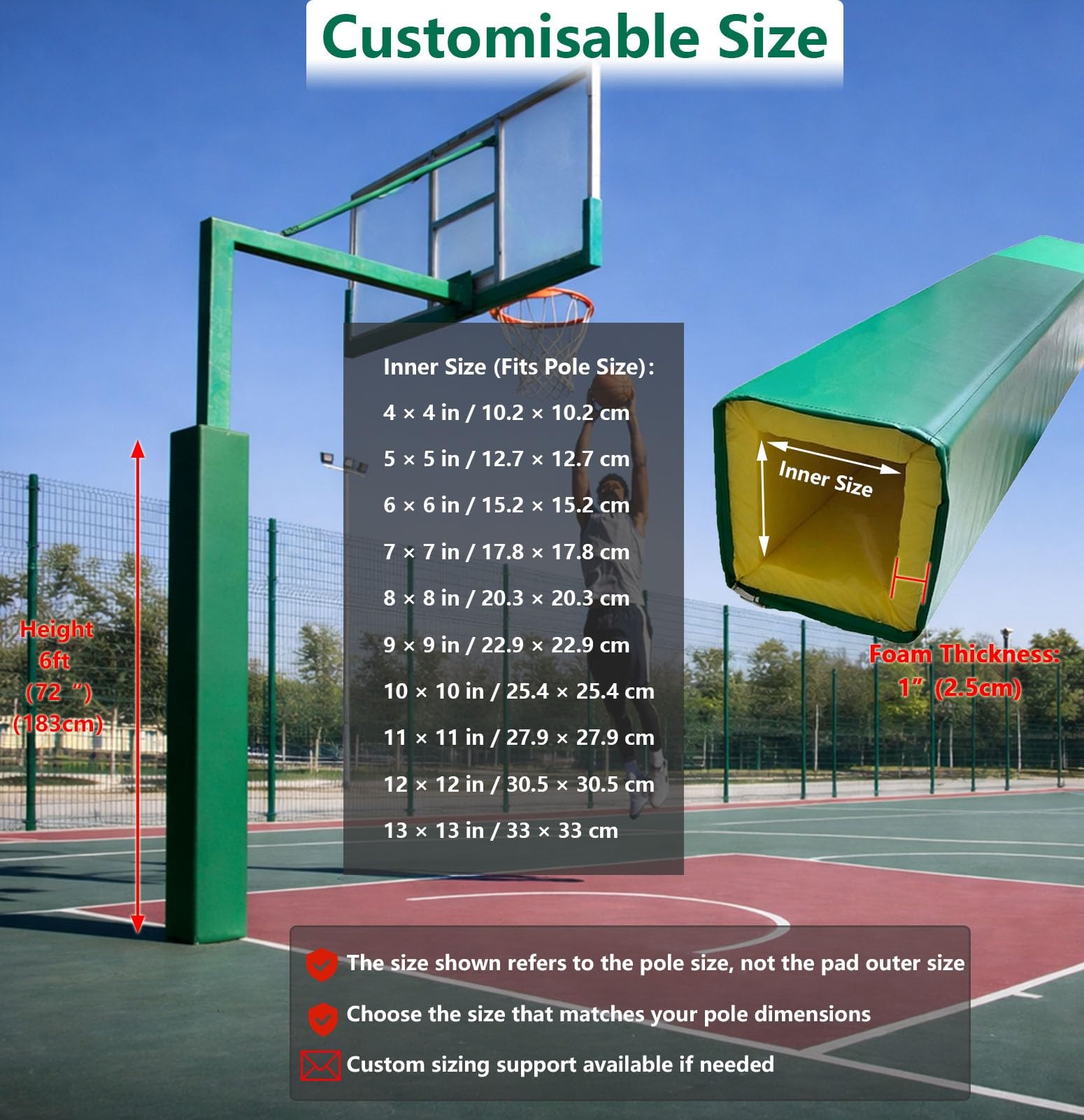 Imbottitura per pali da basket in schiuma spessa – 20,3 cm, 22,9 cm, 25,4 cm, sicuro per canestri quadrati per interni ed esterni, imbottitura protettiva per pali da gol e da giardino