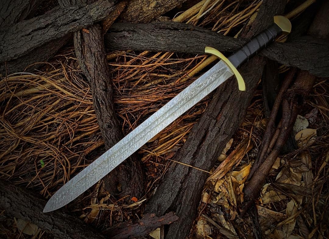 Empire - 31 Inch Long - Handmade Damascus Steel Double Edge Medieval Sword with Sheath - Leather Grip - Sharp Edges - Hand Forged Hunting Sword - Best Gift for Him