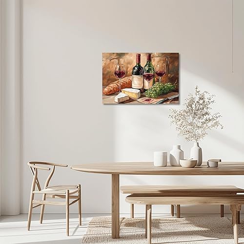 Miniatura 2 de XLMDYYSW Arte de pared vintage para cocina, imagen rústica de vino tinto y uva, pintura de queso de granja, botella de vino, impresiones en lienzo