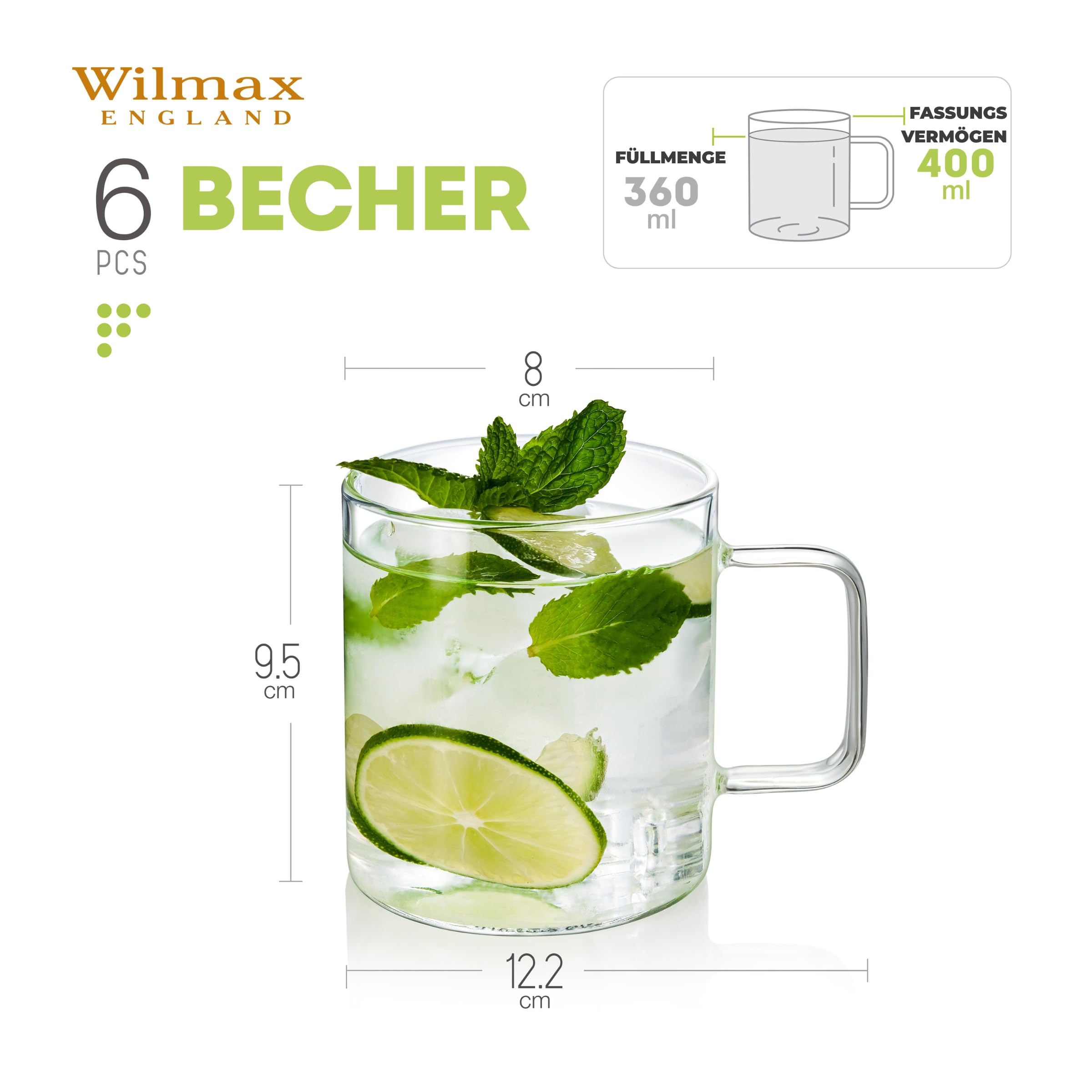 Wilmax | Teegläser mit Henkel & Kaffeegläser | Thermogläser 6er-Set | 400 ml | Gläser für Heiß- und Kaltgetränke | Kaffeebecher | Teetassen | Saftgläser | Glastassen | Spülmaschinenfest