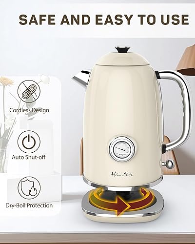 Miniatura 3 de Harriet Hervidor eléctrico, 1.8L Retro Hervidor de té eléctrico con termómetro, hervidor de agua caliente de acero inoxidable de 1500 W con Beige