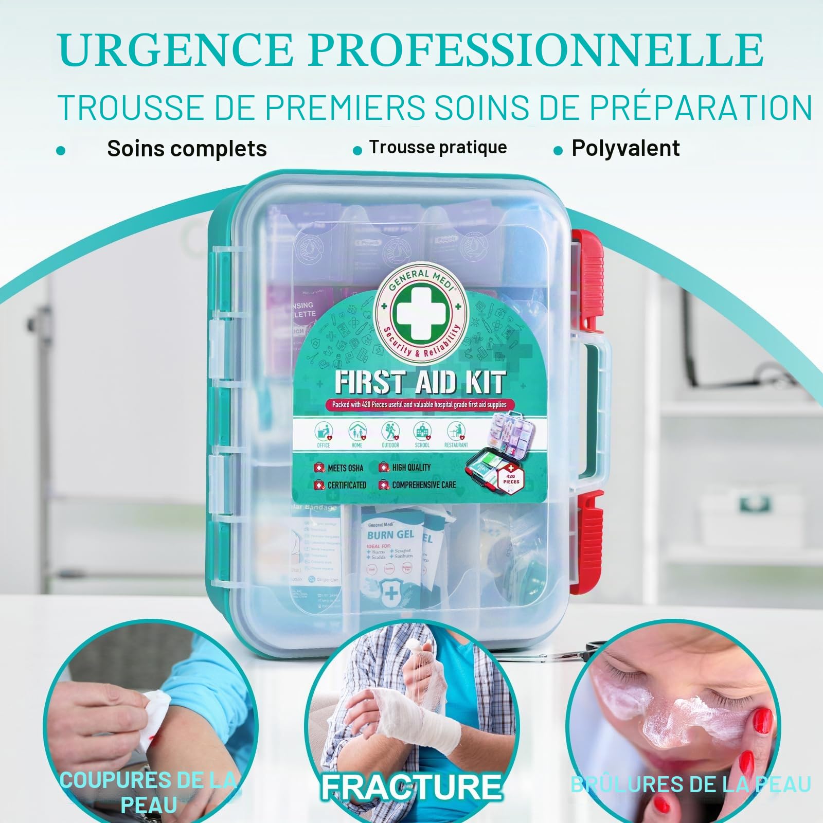 General Medi Kit de premiers secours professionnel 420 pièces – Boîte de premiers secours rigide – Contient des fournitures médicales de qualité supérieure pour voyage, maison, bureau, véhicule