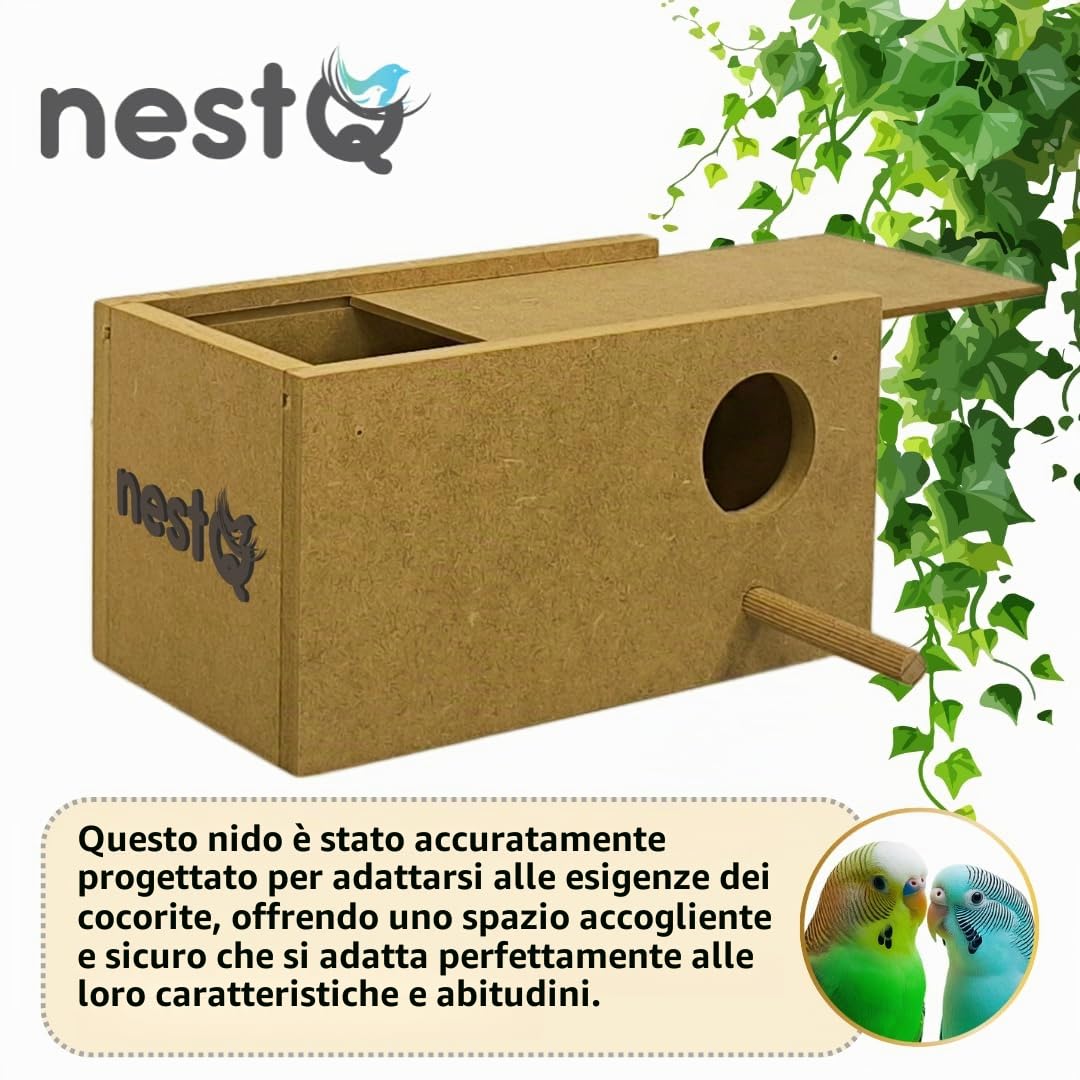 Nido per Parrocchetti con Trucioli Viruta per la Catenina, Casetta di legno per uccelli, con ganci per la Gaule di parrocchetto, 20 cm x 11 cm x 11cm