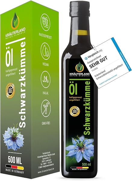 Kräuterland Schwarzkümmelöl 500ml, kaltgepresst & ungefiltert, hoher Thymochinon‑Anteil, ägyptische Samen, mühlenfrisch, 100 % Nigella sativa, naturrein ohne Zusatzstoffe, lichtgeschützten Glas - 1