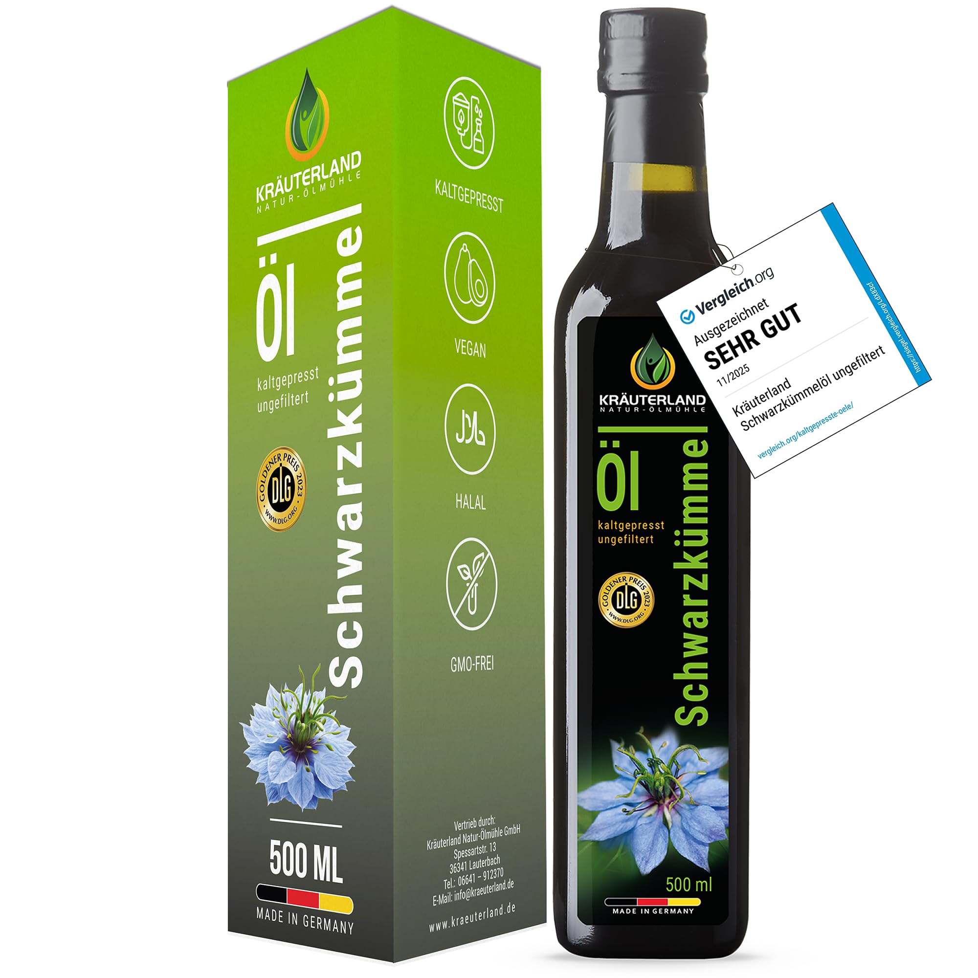 Kräuterland Schwarzkümmelöl 500ml, kaltgepresst & ungefiltert, hoher Thymochinon‑Anteil, ägyptische Samen, mühlenfrisch, 100 % Nigella sativa, naturrein ohne Zusatzstoffe, lichtgeschützten Glas