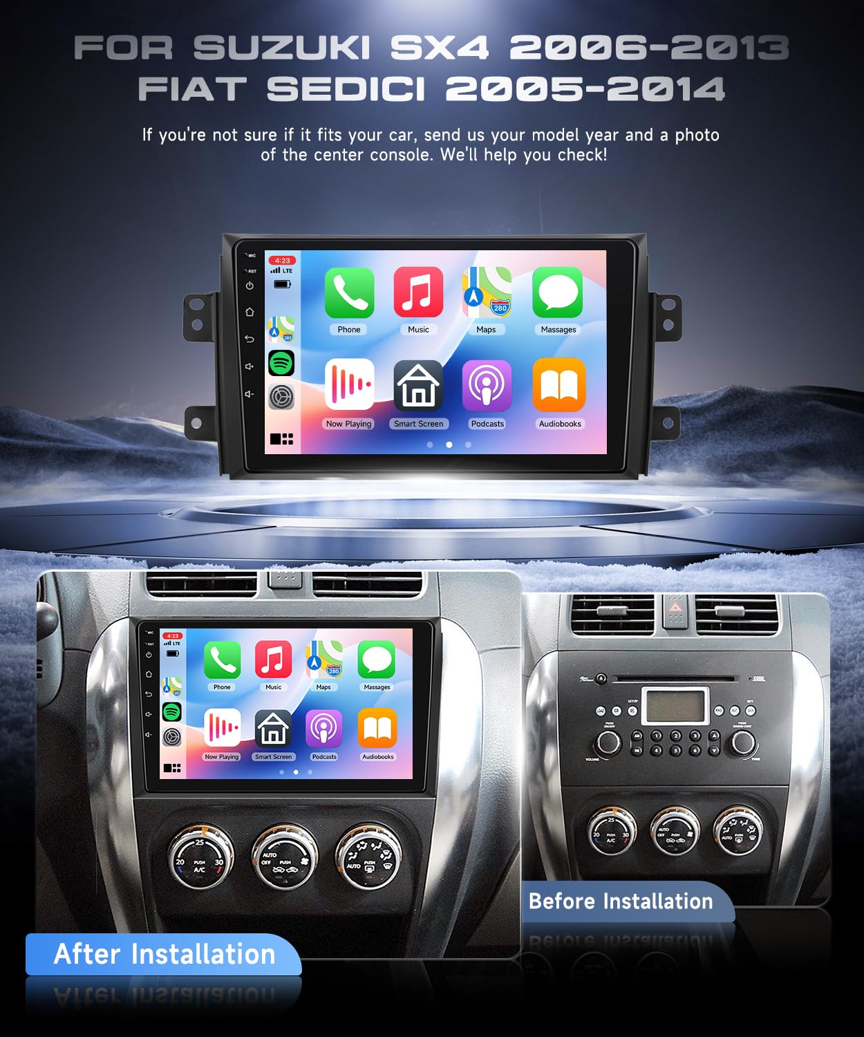 VECHTEL Radio de Coche 2G+64G Android 15 para Suzuki SX4 2006-2013/Fiat Sedici 2005-2014, 9'' IPS 1280*720P Pantalla Táctil con 5G WiFi GPS Carplay Android Auto Inalámbrico Bluetooth EQ FM RDS Cámara