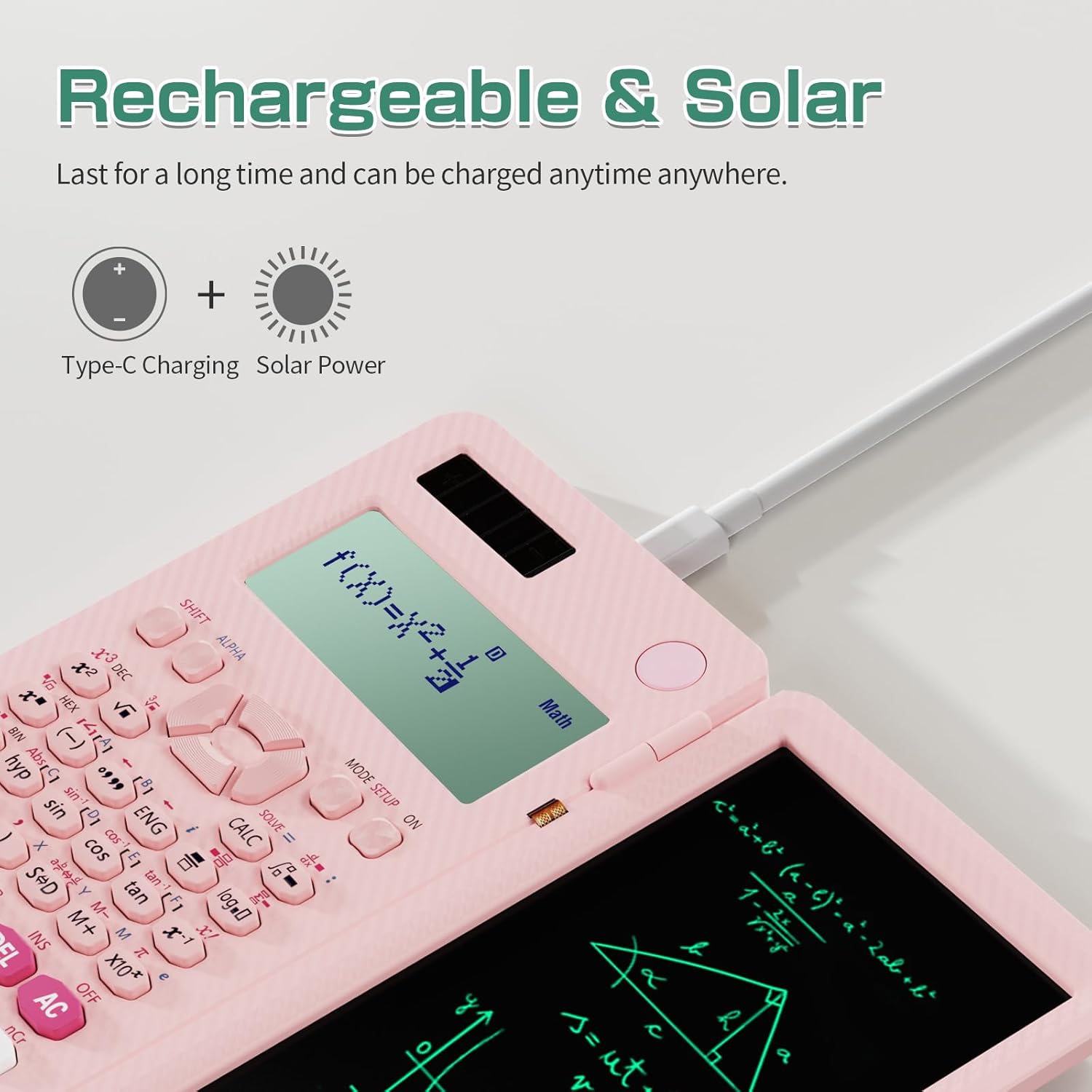 Rechargeable ROATEE 991ES MAX Scientific Calculators, CalcNote Multiview 4-Line Display with LCD Writing Tablet Notepad, Foldable Portable for Business High School College Students and Teacher(Pink)