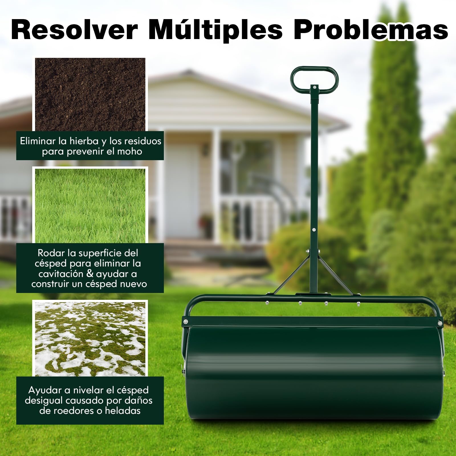 GOPLUS Rodillo de Jardín para Césped 113 L, Rodillo de Jardín de Metal, Relleno con Arena/Agua, Diversos Modos de Uso, Asas de Fácil Agarre, Φ40x90cm (Verde)