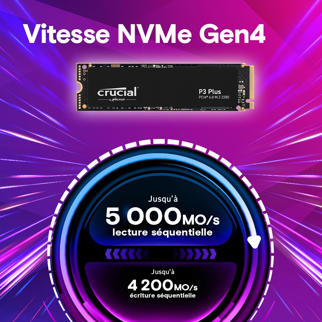 Crucial P3 Plus SSD 1To PCIe Gen4 NVMe M.2 SSD Interne, Jusqu’à 5.000 Mo/s, Compatible avec Ordinateur Portable et de Bureau, Disque Dur SSD - CT1000P3PSSD801