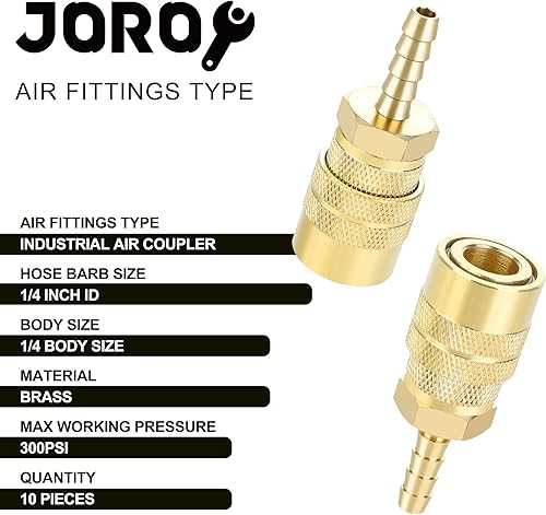 Miniatura 2 de Acoplador de aire con lengüeta de manguera de 14, tipo M industrial, tamaño del cuerpo de 14 de pulgada, material de latón, 10 piezas de accesorios