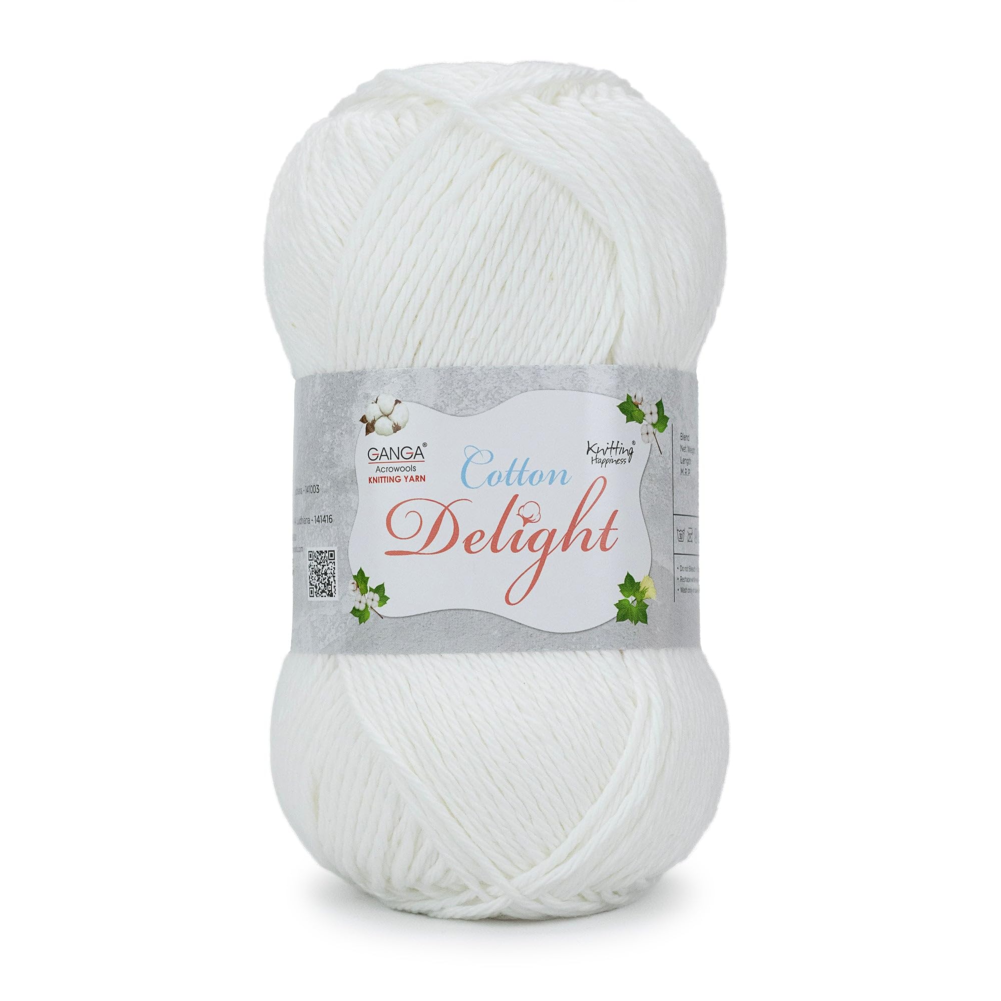 Ganga Acrowools Cotton Delight, Dk Weight Cotton Yarn, Oekotex Class L Certified 100G, 169M (Plain White)