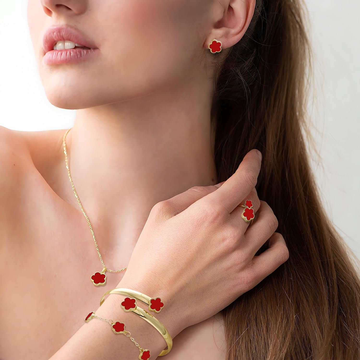 Lucky Flower Alloy Jewelry, Lucky Flower Design Necklace Earrings Bracelet Bangle Ring Jewelry Set, Clover Gold Plated Chain Wrap Ornament & Plush Pouch for Women