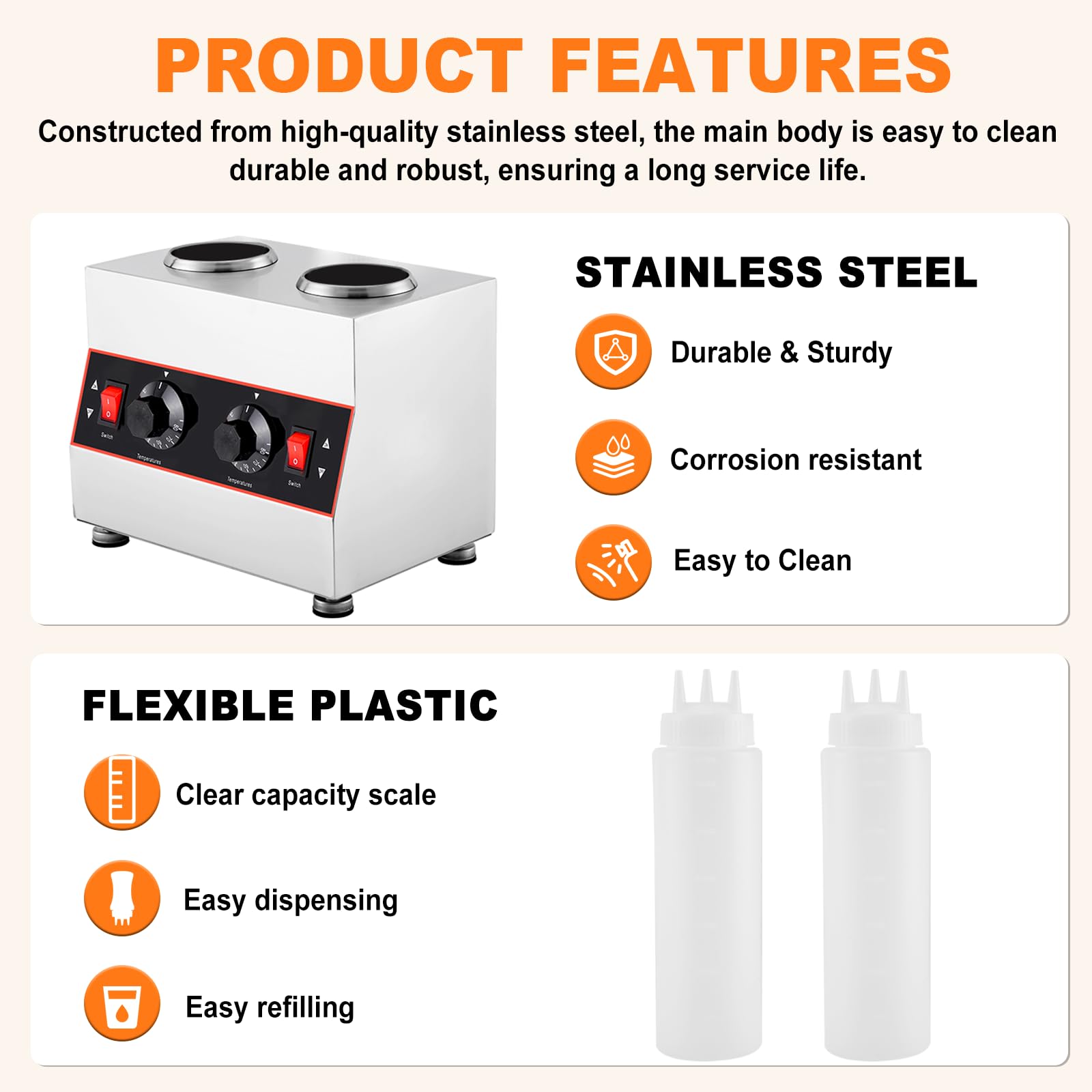 YUCHENGTECH Chauffe-Sauce Électrique, Température Réglable 86-185 ℉,320W | Distributeur Chauffant pour Sauces en Acier Inoxydable avec 2 Bouteillespour Chocolat, Fromage, Ketchup et le Fudge