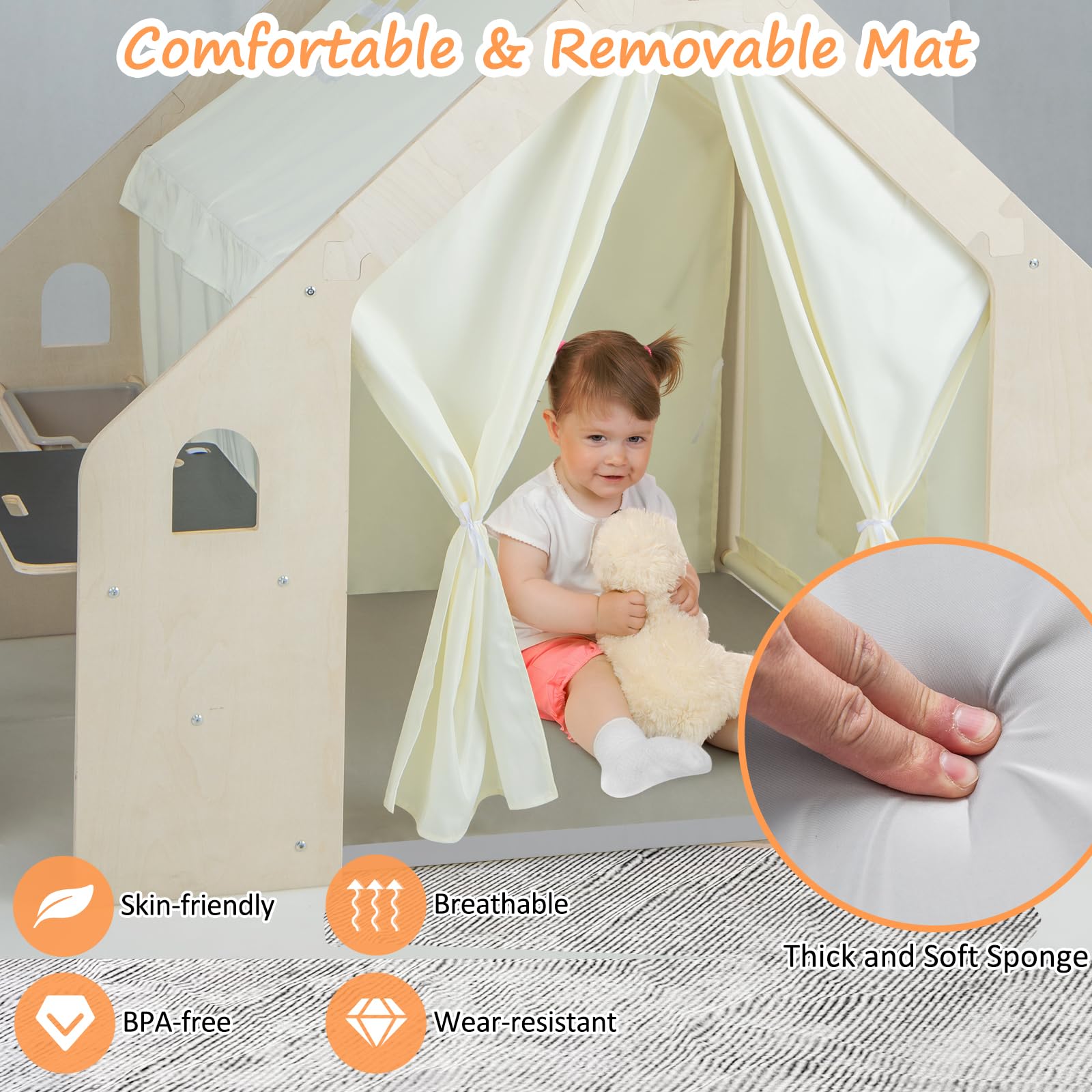 HOMASIS 6 in 1 Tenda per Bambini da Interno, Tenda Gioco con Tavolo e Sedia per Bambini, Casa da Gioco con Tappetino, Lavagna, Scatola Portagiochi (1 Scatola)