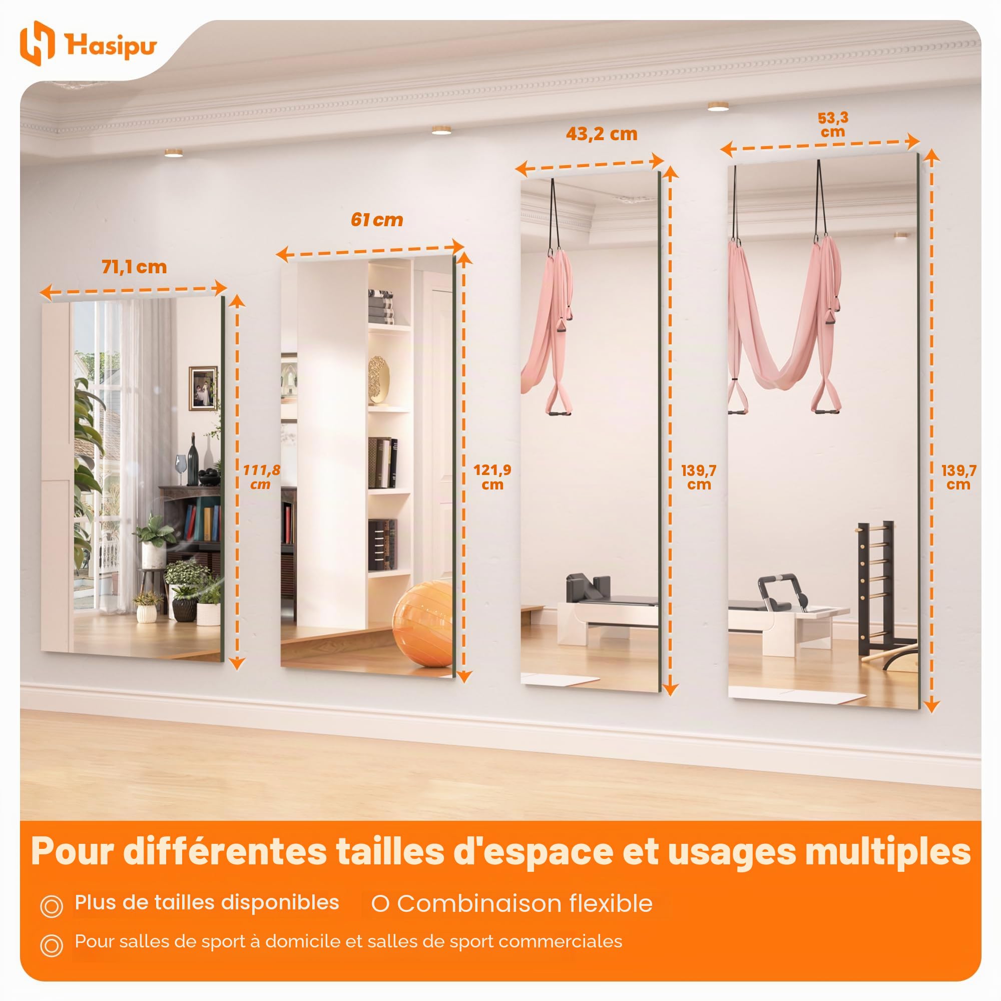 Hasipu Lot de 2 Miroirs Pleine Longueur 140x50 cm, Miroir sans Cadre en Verre Trempé Épaisseur 0,16 Pouce, Idéal Yoga, Fitness, Garage et Salle de Danse