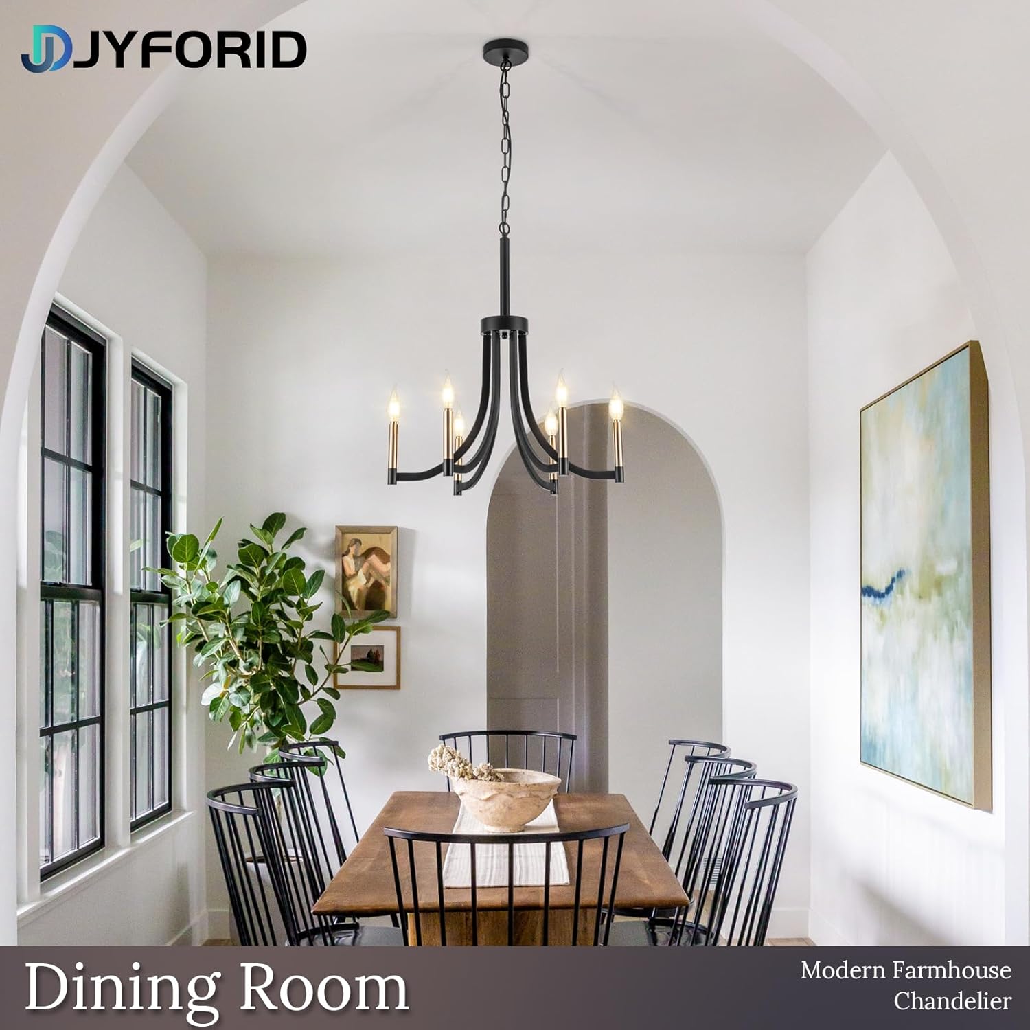 6-Light Modern Black and Gold Chandelier, 28" E12 Candle Farmhouse Ceiling Light for Dining Room Living Room Bedroom Entryway Foyer Kitchen