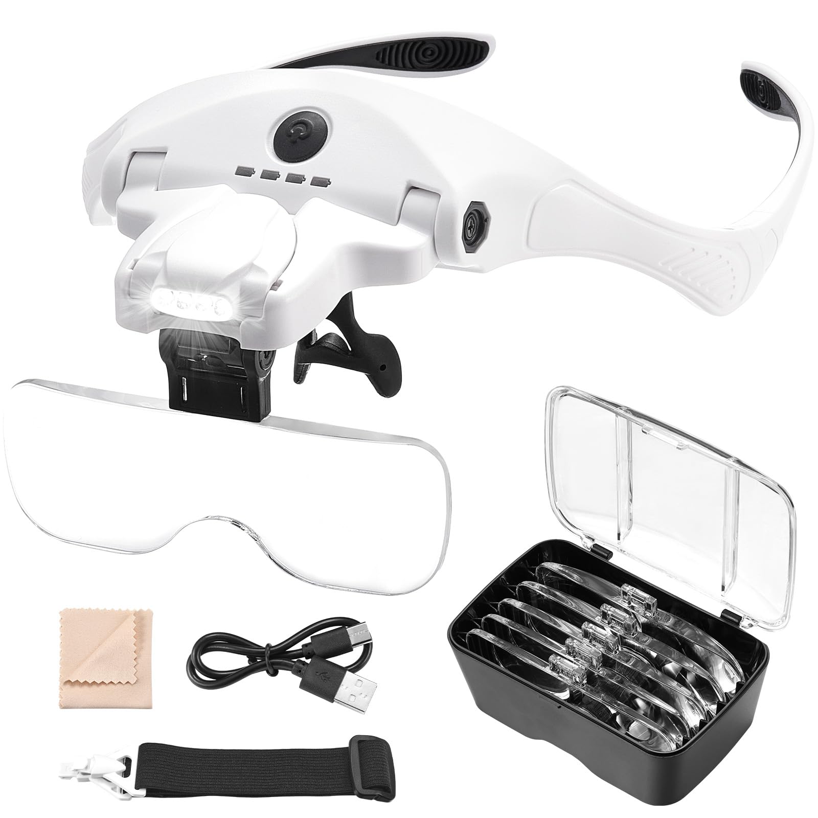 Lupa con Luz Anpro, 5 Lentes Desmontables (1X-3.5X), 4 LED con Brillo Ajustable, Lente de Aumento con Diadema Adicional para Trabajos Cercanos, Reparación de Joyas, Relojería, Manualidades.