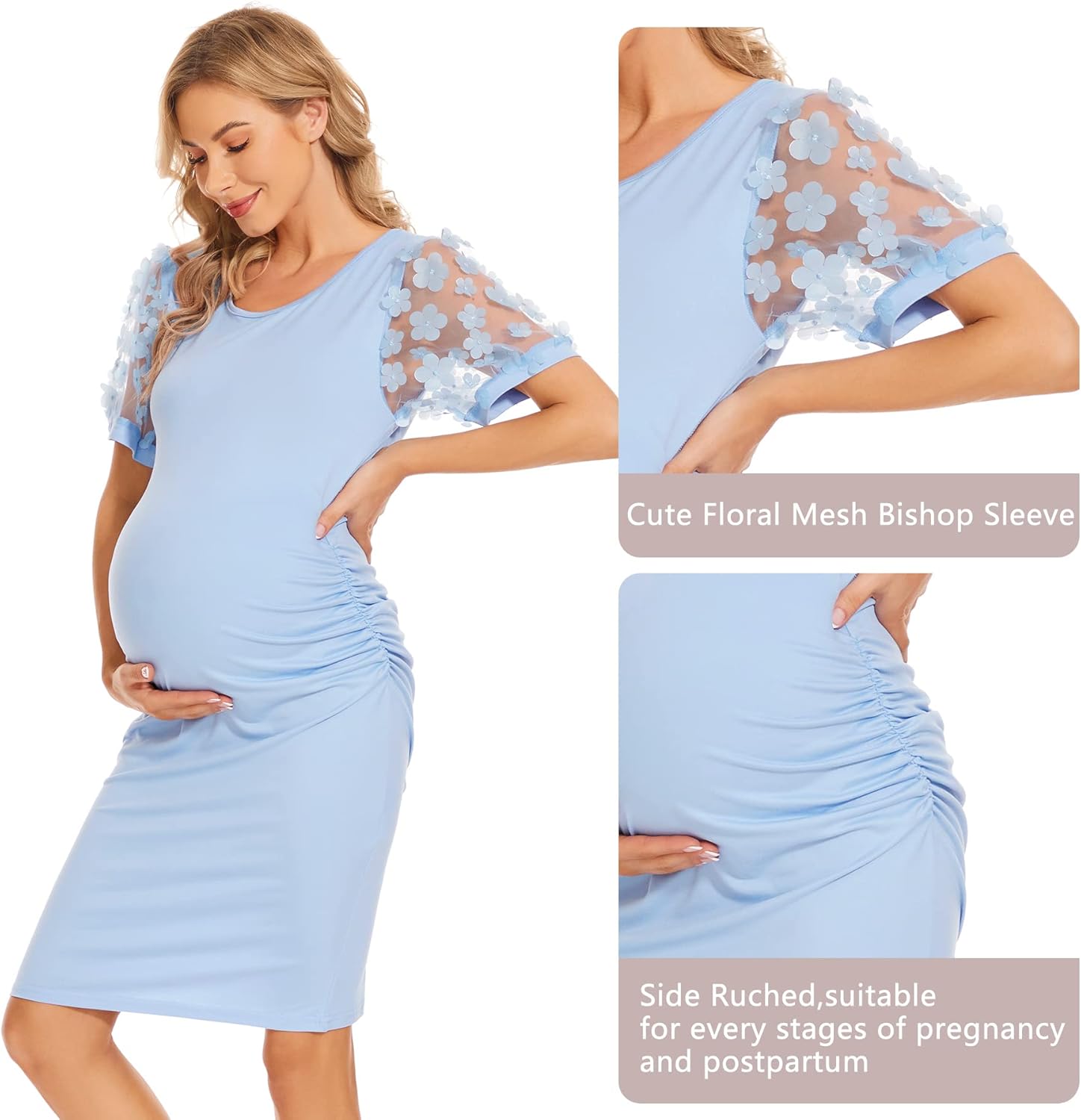 Floral Mesh Bishop Long Sleeve Maternity Midi Dress, Fall Maternity Bodycon Dress for Baby Shower - Image 5