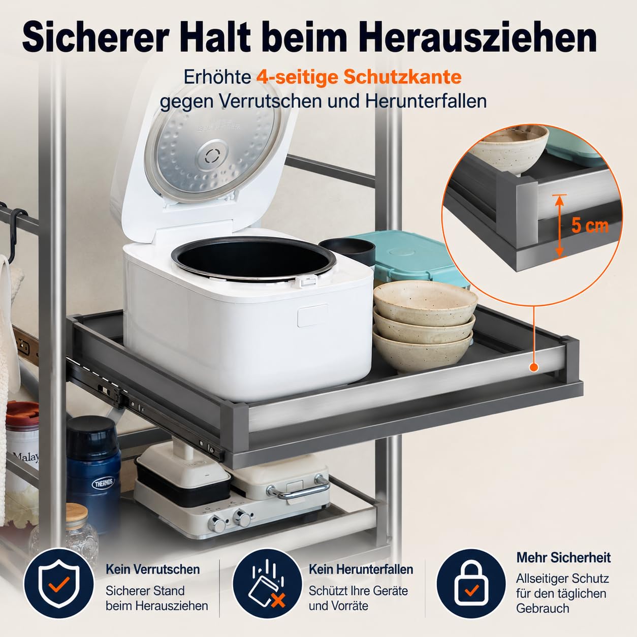 Küchenregal mit Rollen, 4 Ebenen Standregal aus Stahl bis 150 kg | Vollauszug•Mehr Arbeitsfläche•Rostgeschützter Karbonstahl•Höhenverstellbar•60cm Breit•Ideal für Mikrowelle & Airfryer