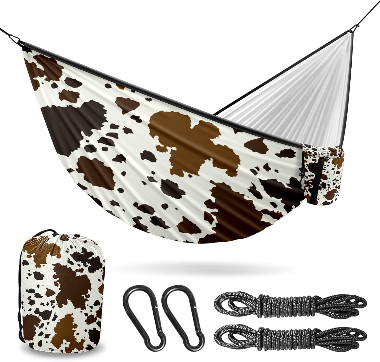 Outdoor Hammock for Camping Western Brown Cow Print Double Single Hammocks with 2 Tree Straps, Lightweight Portable Heavy Duty Nylon Hammocks for Backpacking Travel Beach Backyard Patio Hiking