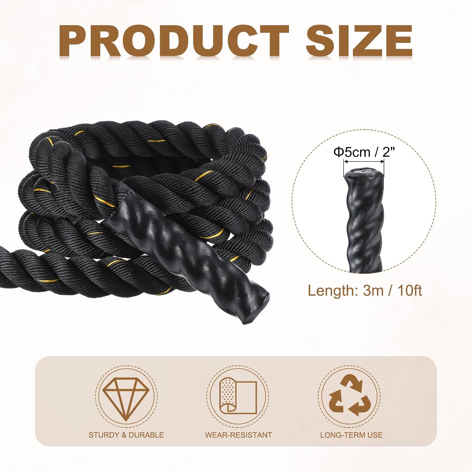 MECCANIXITY Battle Rope 50ft x 2 Inch Polyester Workout Rope Heavy Fitness Exercise Rope for Strength Training Home Gym Muscle Building, Black Yellow