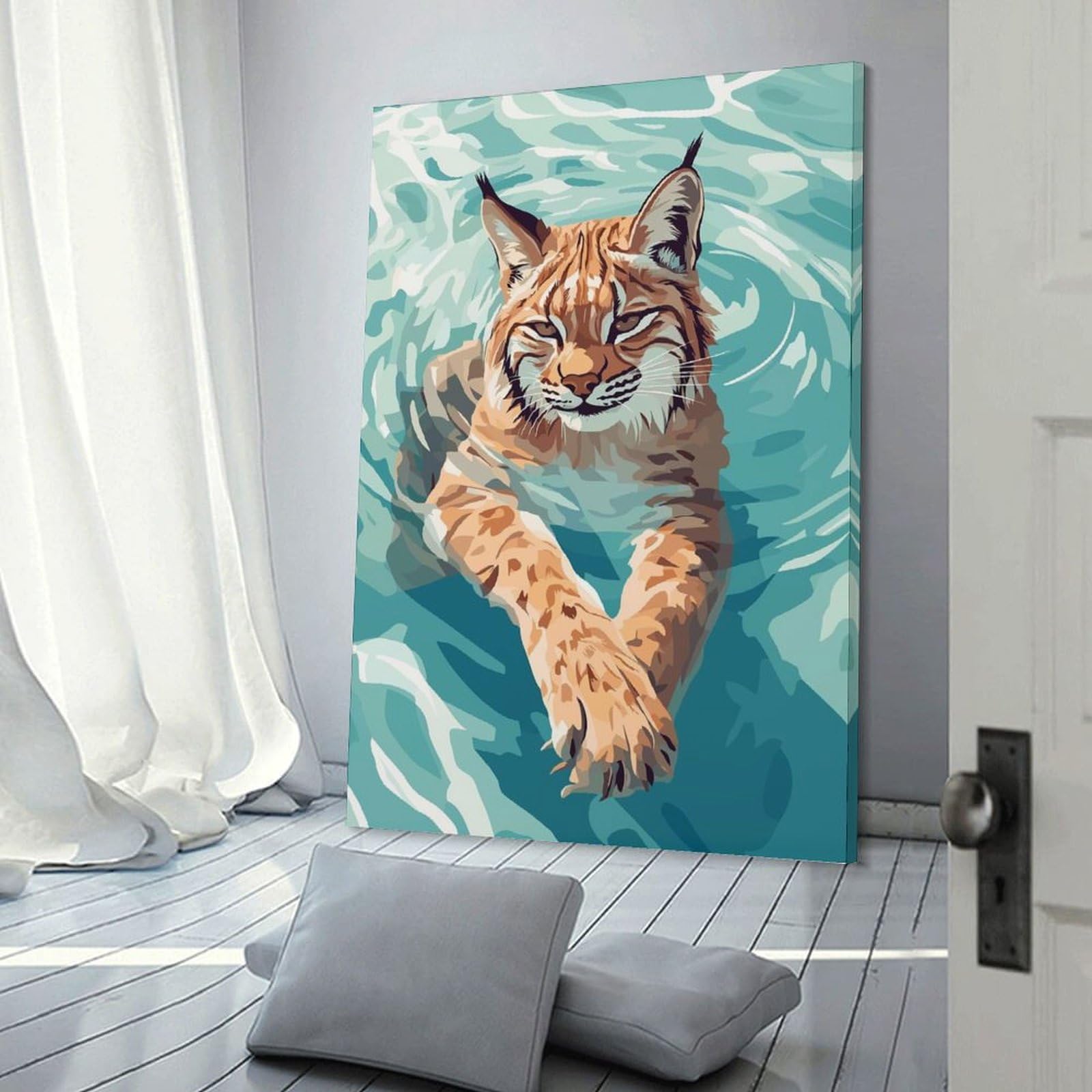 Junmoney Canvas Wall Picture Lynx Swimming in Water Illustration, 24x36inch(60x90cm), for Bedroom Decor, Cosy Corners Or Studios, A Warm Accent for Relaxed Interiors