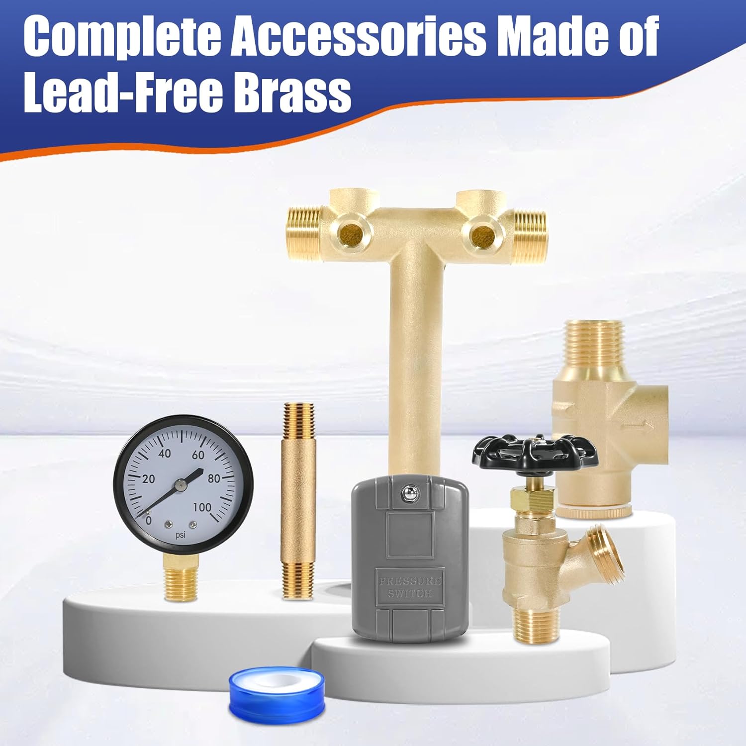 1"x 11"Well Pressure Tank Tee Kit for Water Well Pressure Tank with 30-50Psi Pressure Switch, Brass Pressure Tank Installation Kit for Well Tank with Diameters Up to 16", No Ball Value