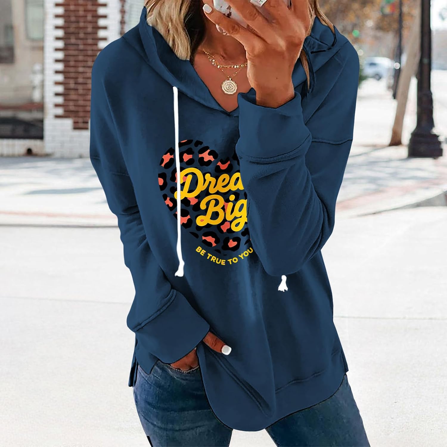 Women's Brown Mandala Print Hoodie Long Sleeve Loose Fit Tunic Top with Drawstring Side Split for Fall Winter - Image 2