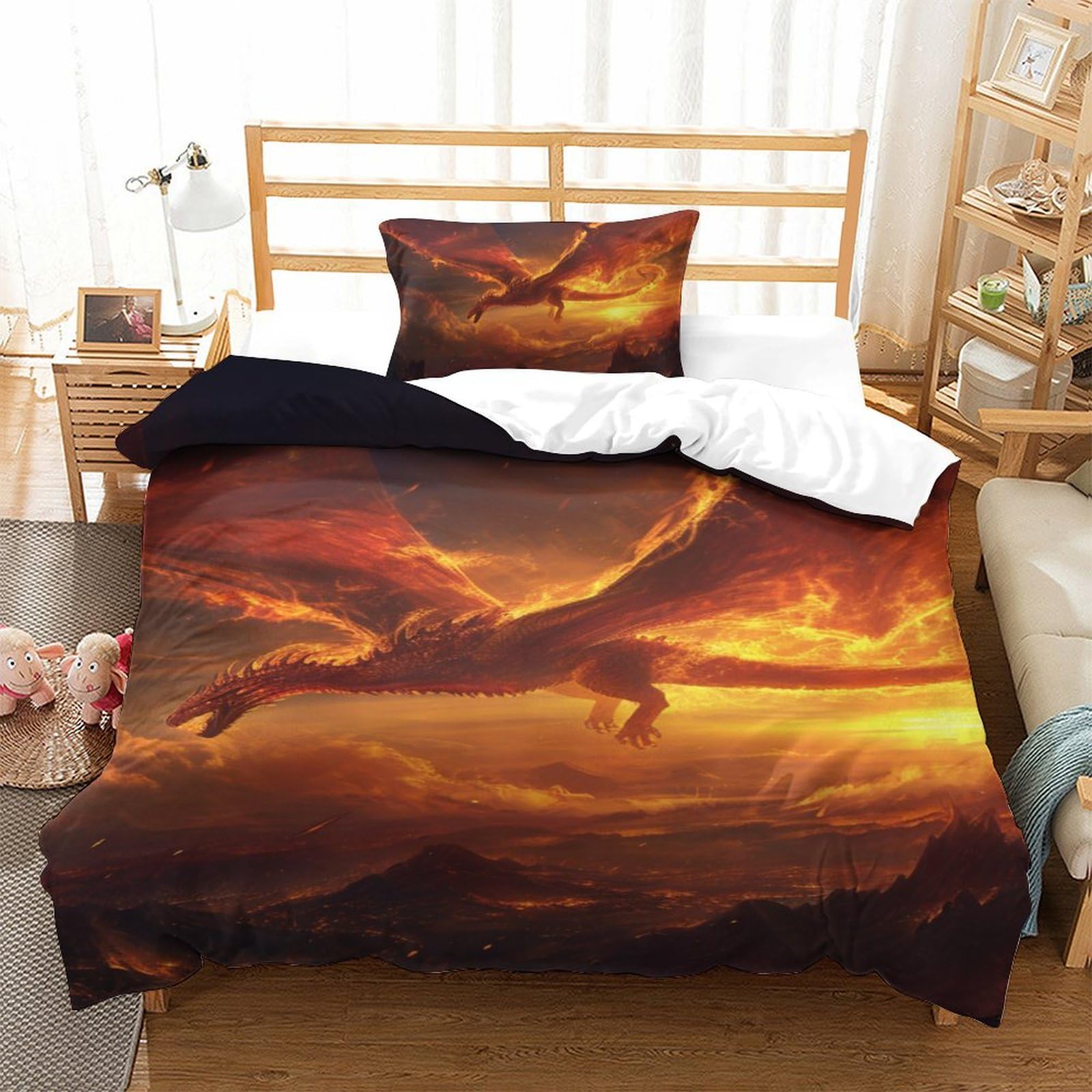 Parure de couette Ptérosaure de feu 3D 3 pièces en microfibre haut de gamme 135x200