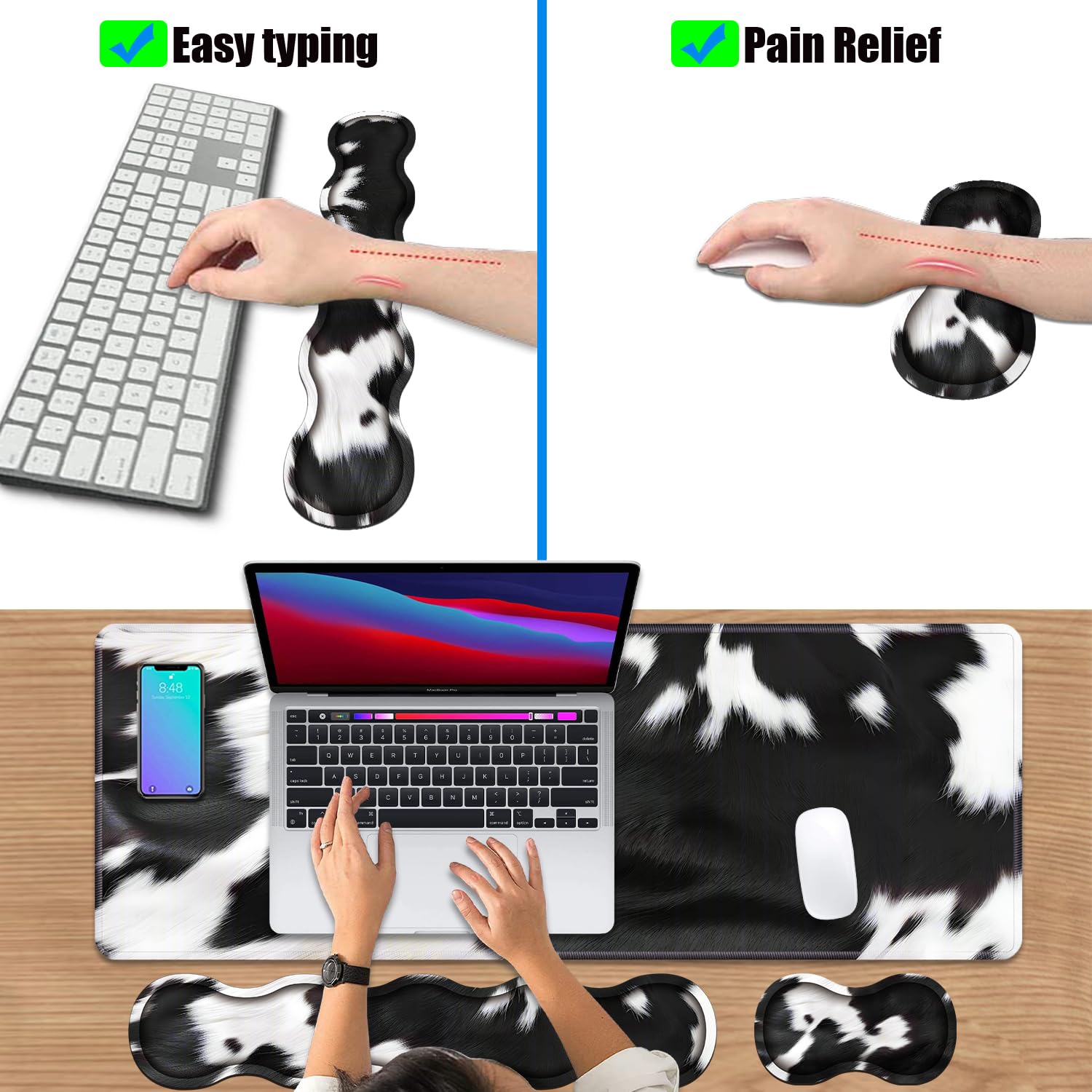 Ensemble repose-poignet ergonomique 4 en 1 pour clavier et tapis de souris, grand tapis de bureau XXL de jeu avec base antidérapante, mousse à mémoire de forme, pour la maison, le bureau, les études