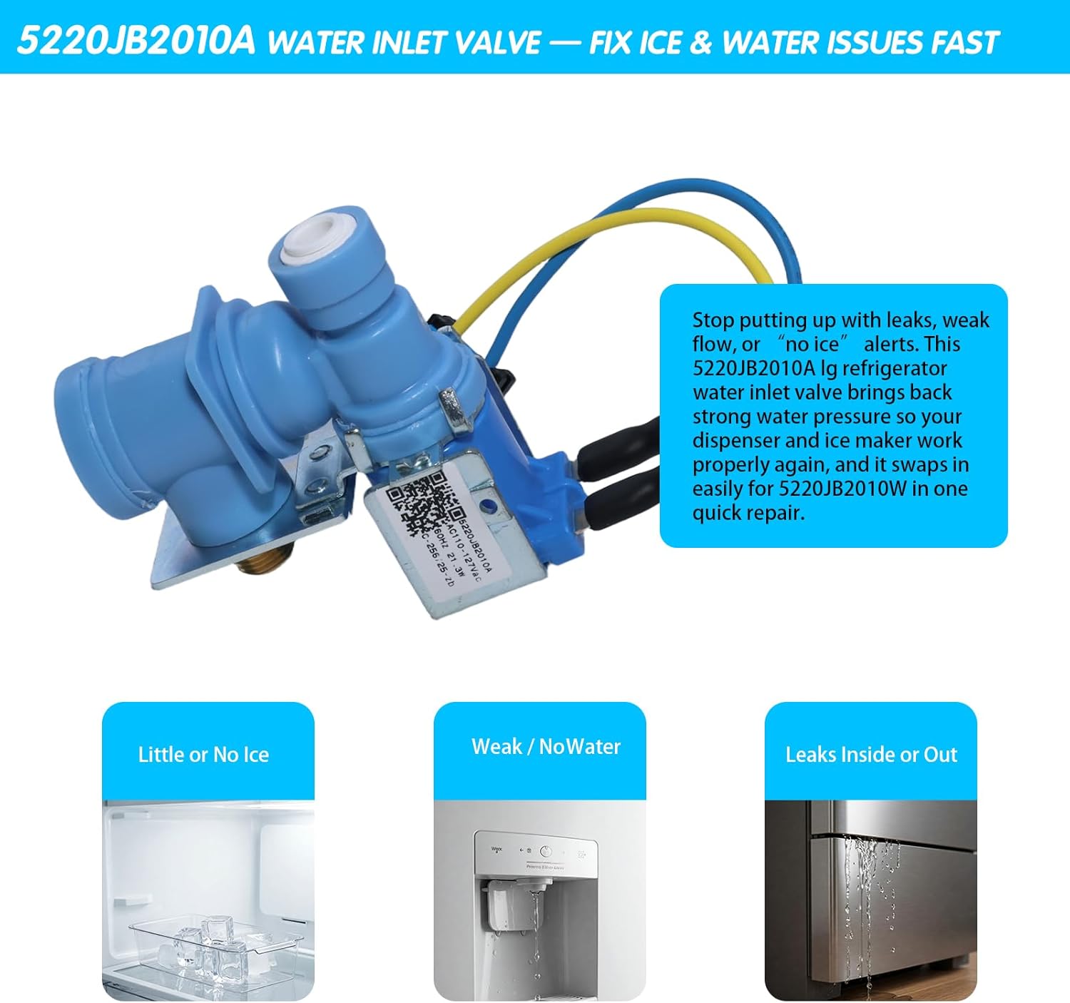 5220JB2010A LG Refrigerator Water Inlet Valve, Replaces 5220JB2010W, Kenmore Refrigerator Water Valve, for GE Fridge Inlet Part, Single Solenoid Replacement Assembly for Ice Maker and Dispenser