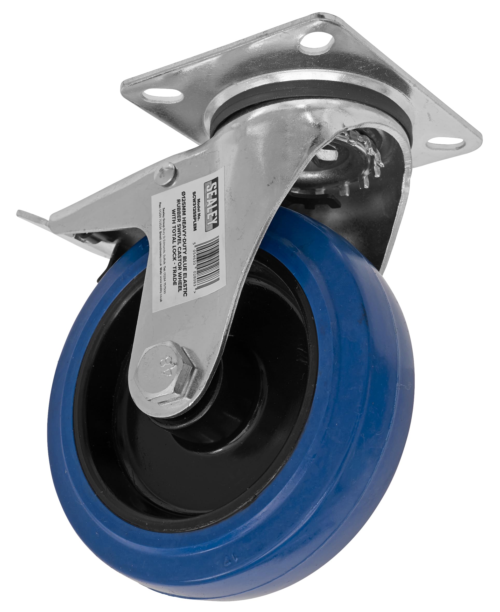 Heavy-Duty Blue Elastic Rubber Swivel Castor Wheel With Total Lock Ø125mm - Trade 5054630028083