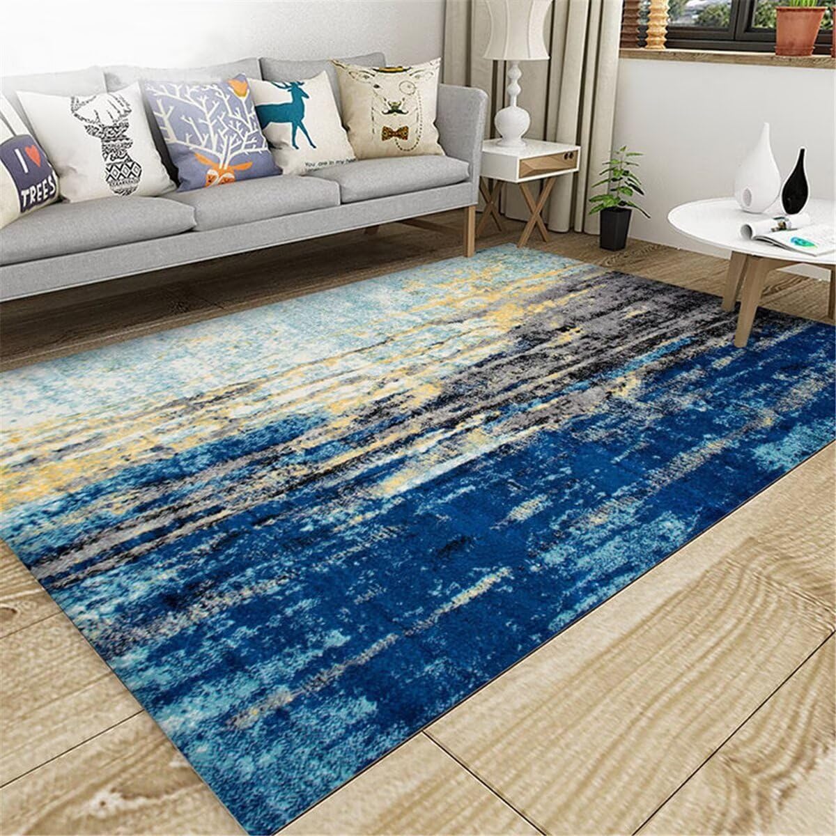 Tapis de salon lavable moderne bleu 60X120CM résistant pour terrasse