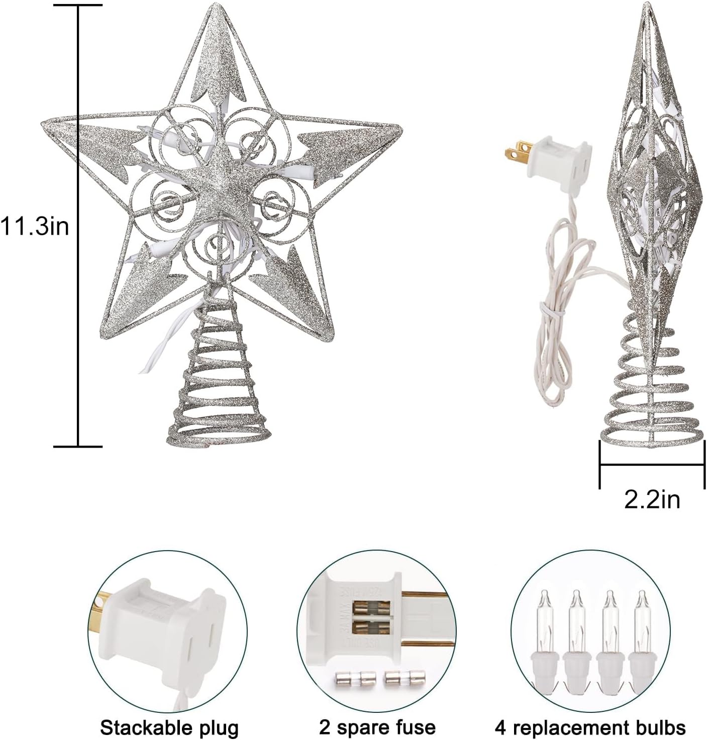 Christmas Star Tree Topper, Plug in 3D Star Tree Topper, 8" Silver Glittered Metal Hollow Designed Built-in 10 Bulbs String Lights for Christmas Tree Decorations