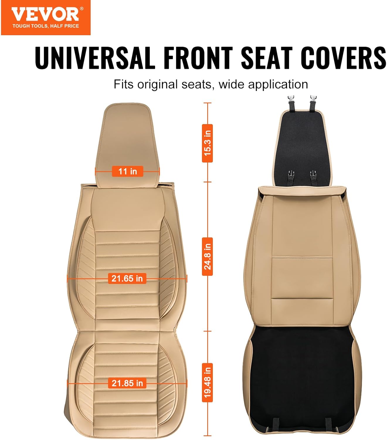 VEVOR Seat Covers, Universal Car Seat Covers Front Seats, 2pcs Faux Leather Seat Cover, Semi-Enclosed Design, Detachable Headrest and Airbag Compatible, for Most Cars SUVs and Trucks Beige