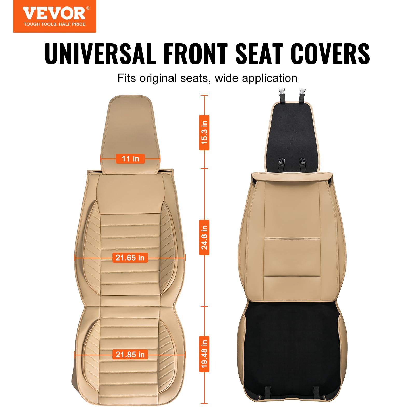 VEVOR Housses de siège de voiture universelles pour sièges avant, 2 pcs, housse de siège en simili-cuir, conception entièrement fermée, appuie-tête détachable, airbag, pour voitures SUV camions, beige