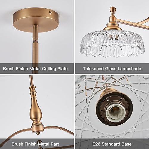 Miniatura 6 de HDDFL Candelabros colgantes, lámpara colgante vintage, 3 luces, lámpara colgante de latón mate, lámpara colgante de vidrio para cocina, cocina,