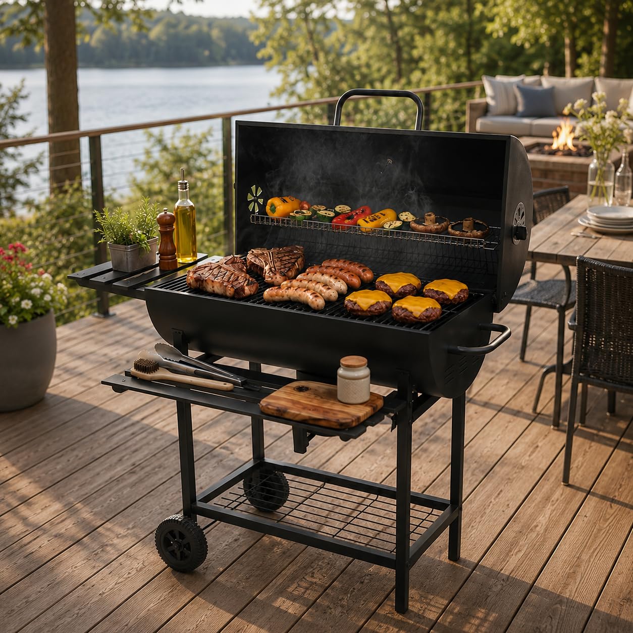Barbacoa de Carbón – Parrilla de Acero con Ventilación Regulable, Rejilla Superior para Verduras, Estante Inferior, Mango Resistente al Calor, Gran Superficie de Cocina