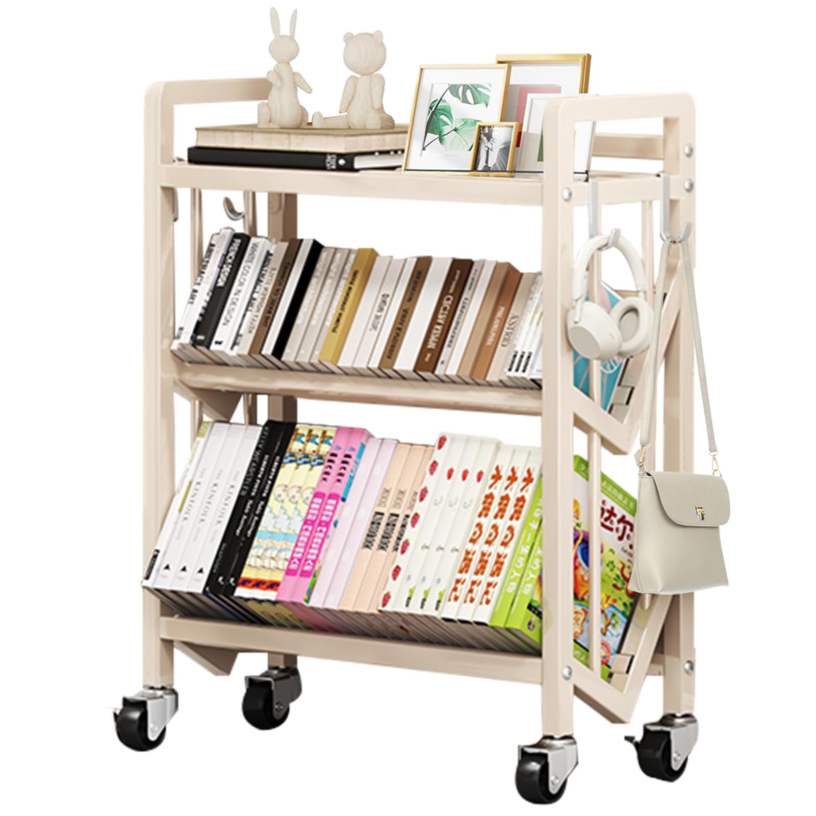 Estanteria Libros con Ruedas, Estantería Metálica de 3 Niveles, 50x25x81.5cm, con Ganchos Desmontables y Ruedas con Freno, para Hogar, Oficina, Aula (Blanco)