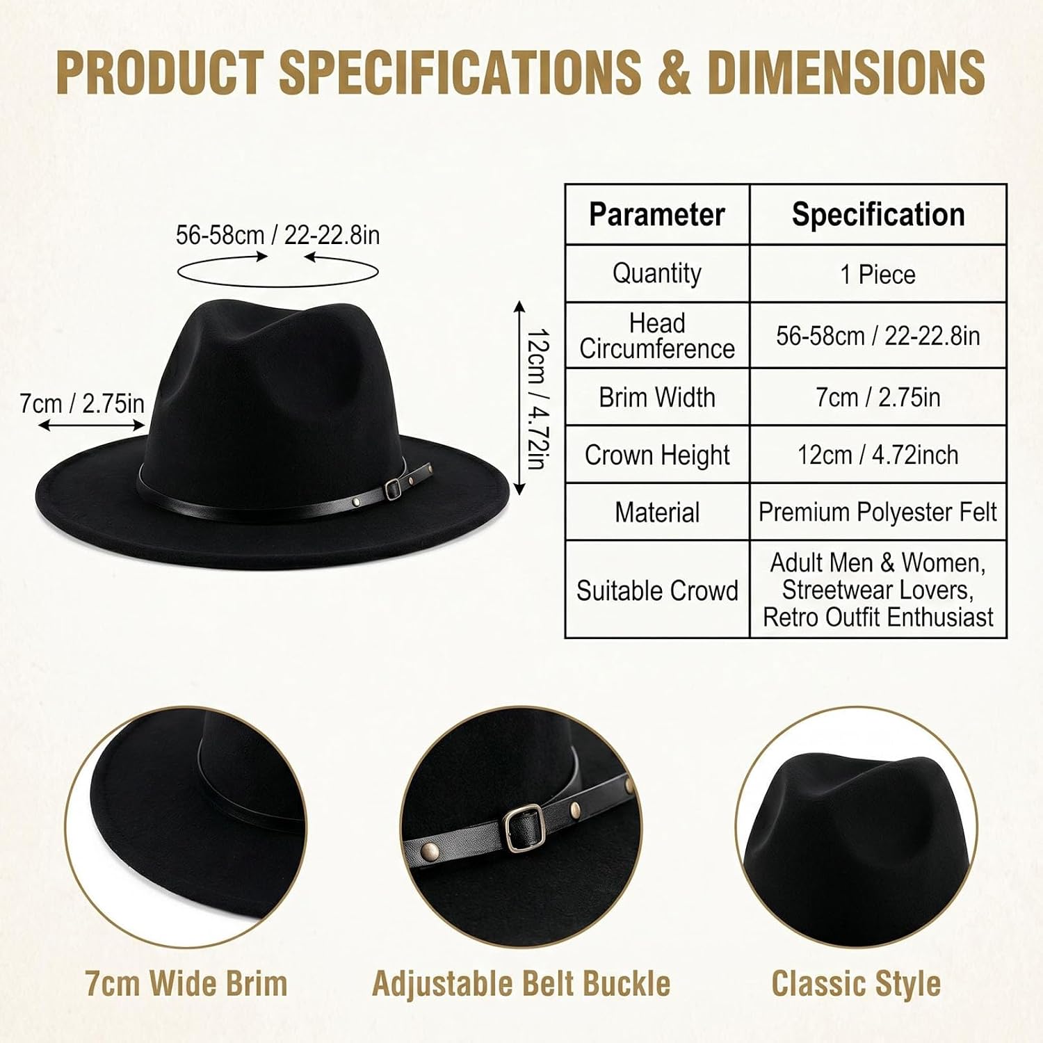 Khaki Classic Fedora Hat with Belt Buckle Wide Brim Felt Panama Jazz Hat for Women Men
