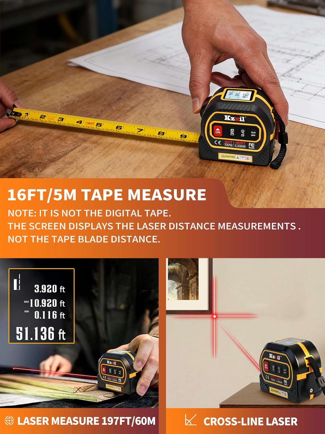 4-in-1 Laser Tape Measure 196ft/60m, Digital Measuring Tape with 16ft/5m Manual Tape, Fractional Readouts & Magnetic Hook, High-Precision Laser Measure for Construction, DIY & Real Estate